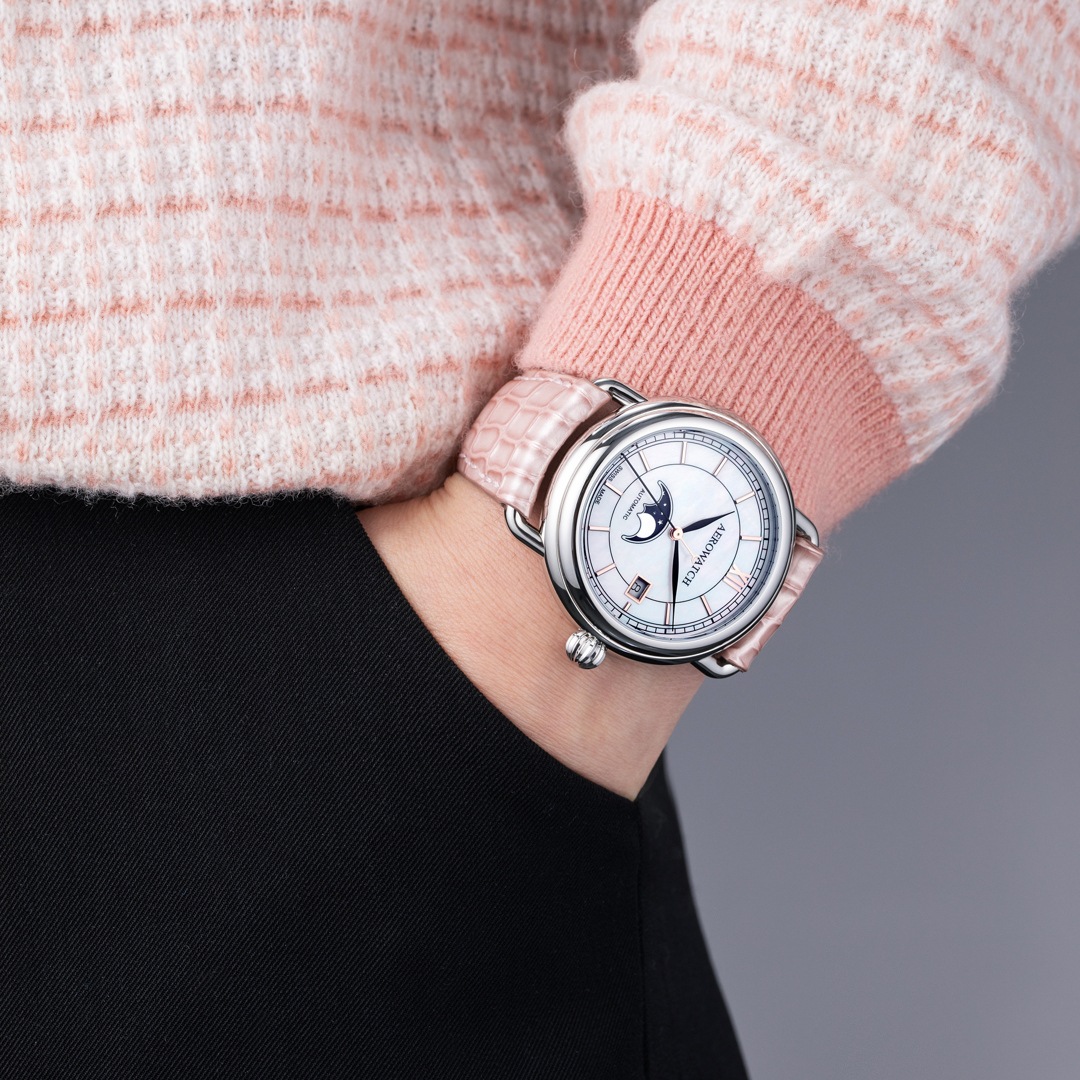 Aerowatch 1942 Automatic Moon Phase Leder rosa