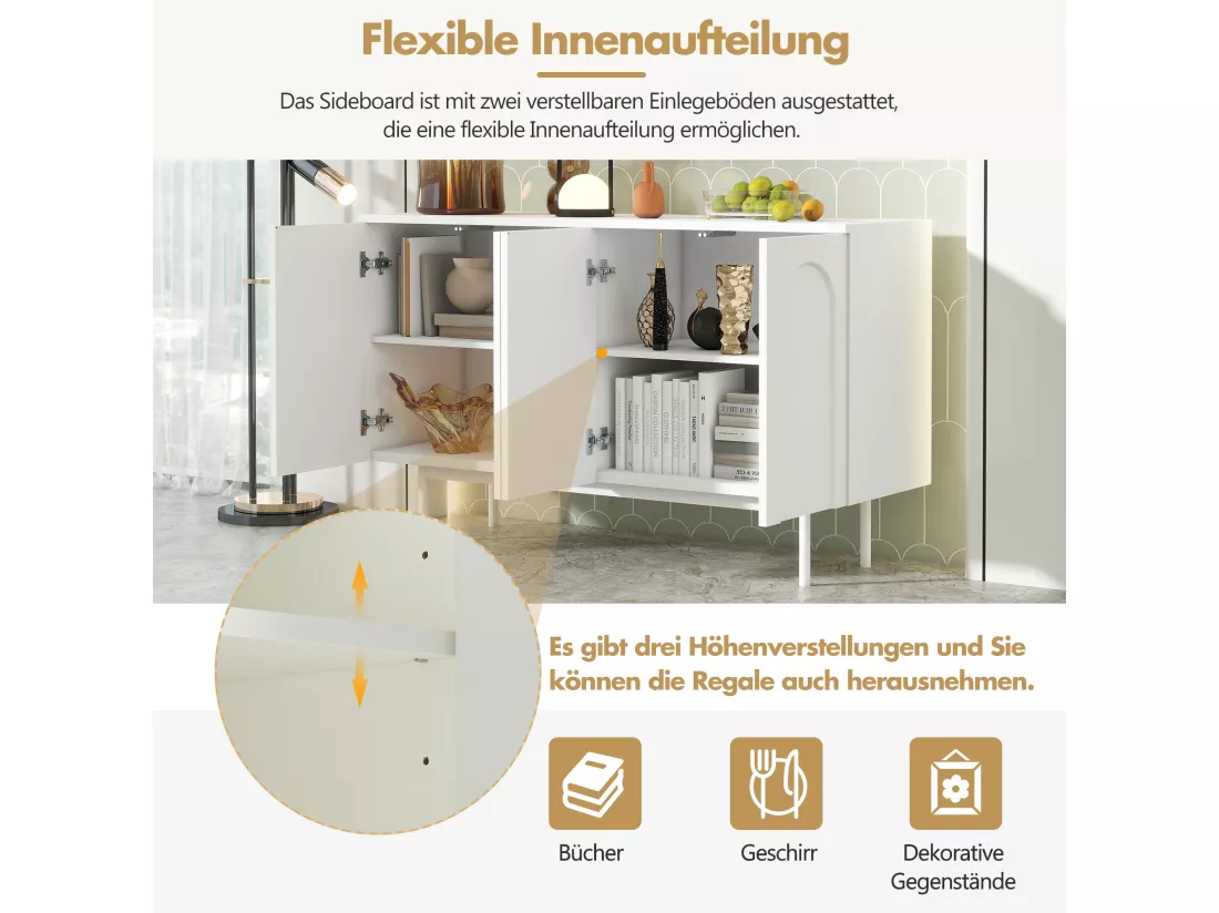 Buffet moderne avec 4 portes - 140 x 42 x 80 cm - bois MDF - coloris blanc
