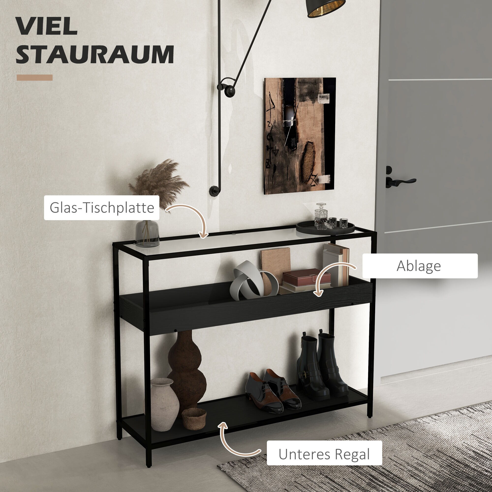 HOMCOM Konsolentisch mit Glasplatte und 2 Ebenen schwarz 100L x 30B x 78H cm