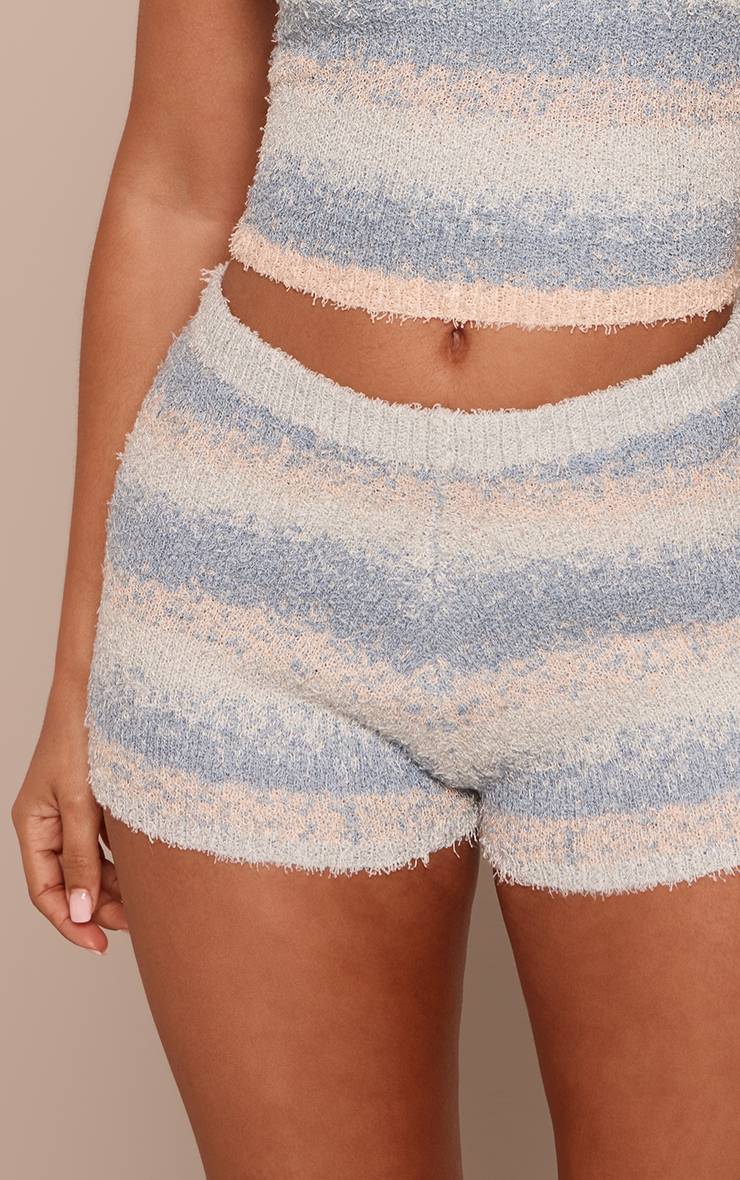 Bleu Short Mini Ajusté En Maille Brossée À Rayures Petite