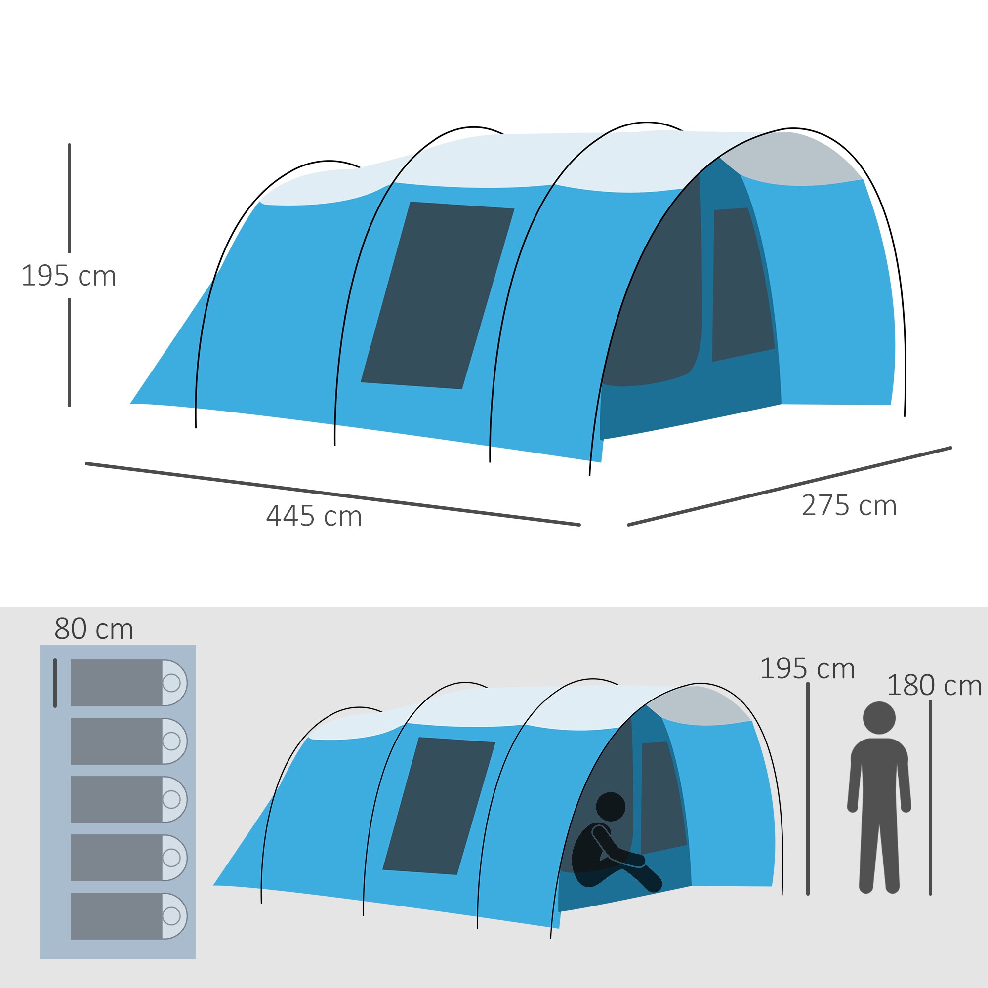 Outsunny Campingzelt mit Erdspieße, Tragetasche und Spannseilen blau 445L x 275B x 195Hcm