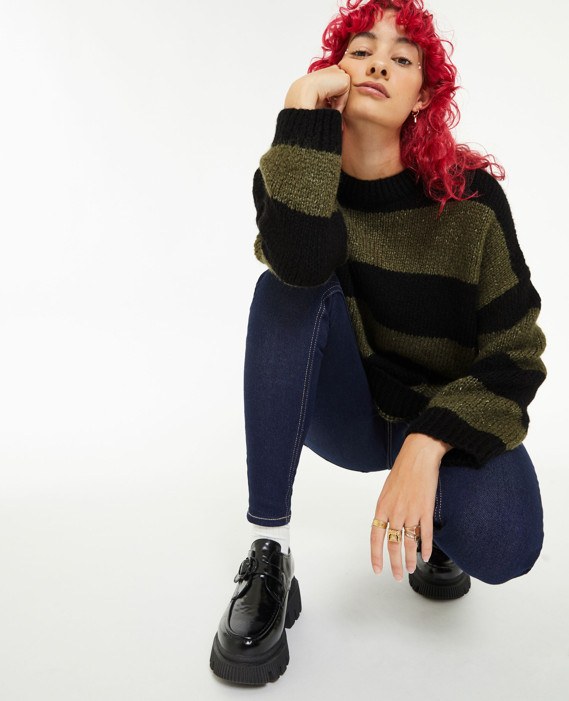 Pull oversize à rayures - Vert kaki