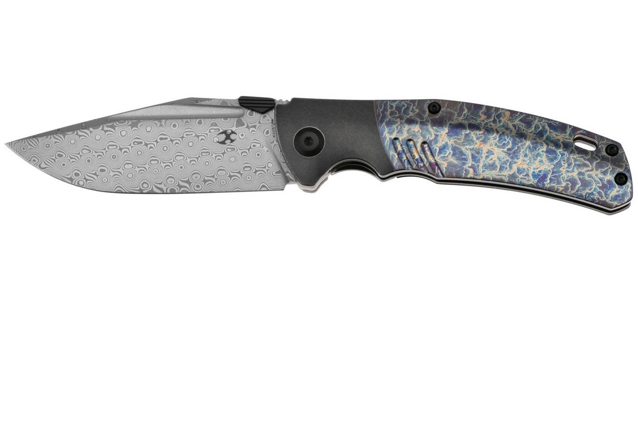 Kansept Hinterland K1057A6 Damascus, Blackwashed Titanium, Lightning Strike Titanium, zakmes, Morgan Koens design