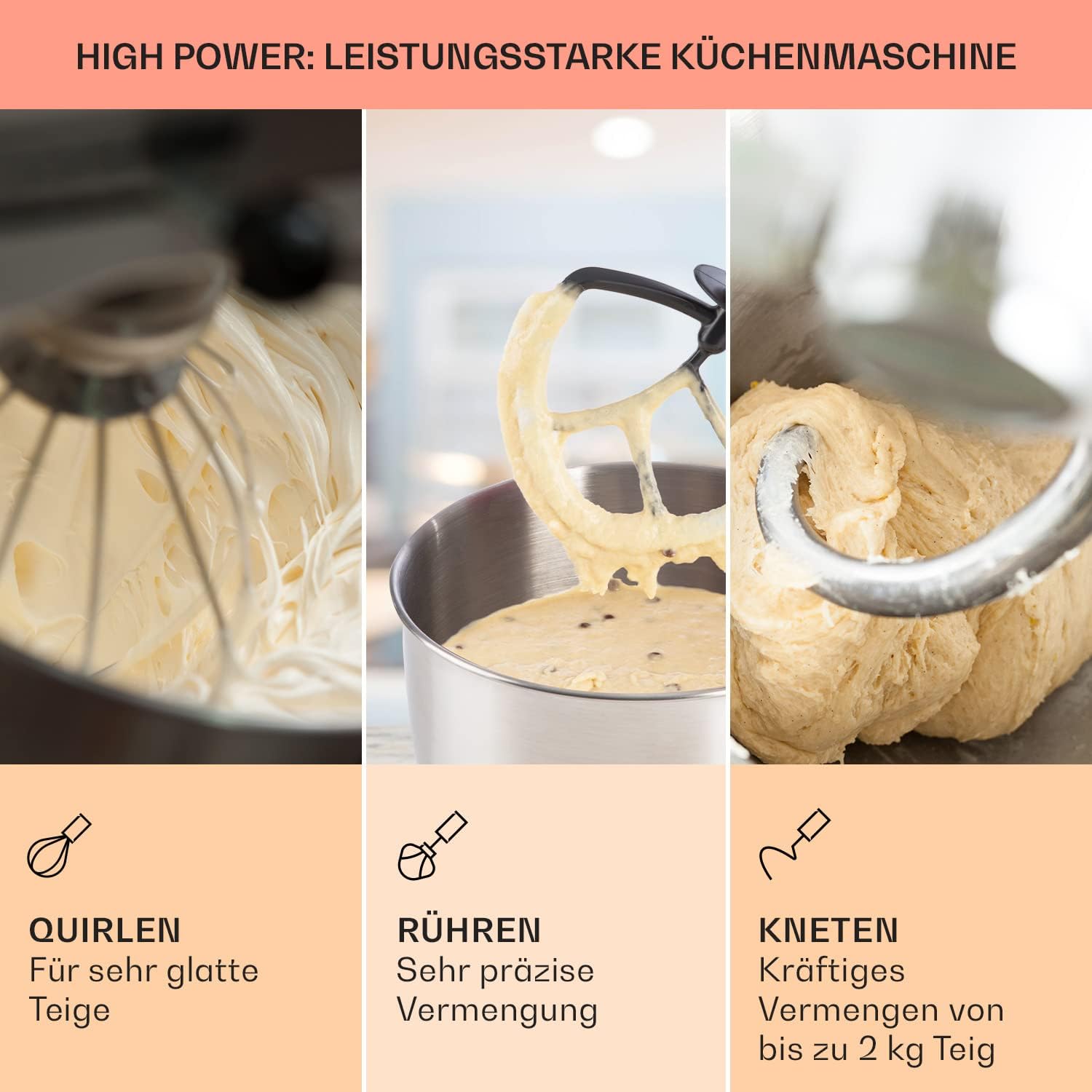 Klarstein Küchenmaschine Mit 5L Schüssel - 1800W Profi Knetmaschine Mit Knethaken Und Schneebesen - 6 Stufen Universal Teigmaschine Zum Rühren, Kneten Und Aufschlagen
