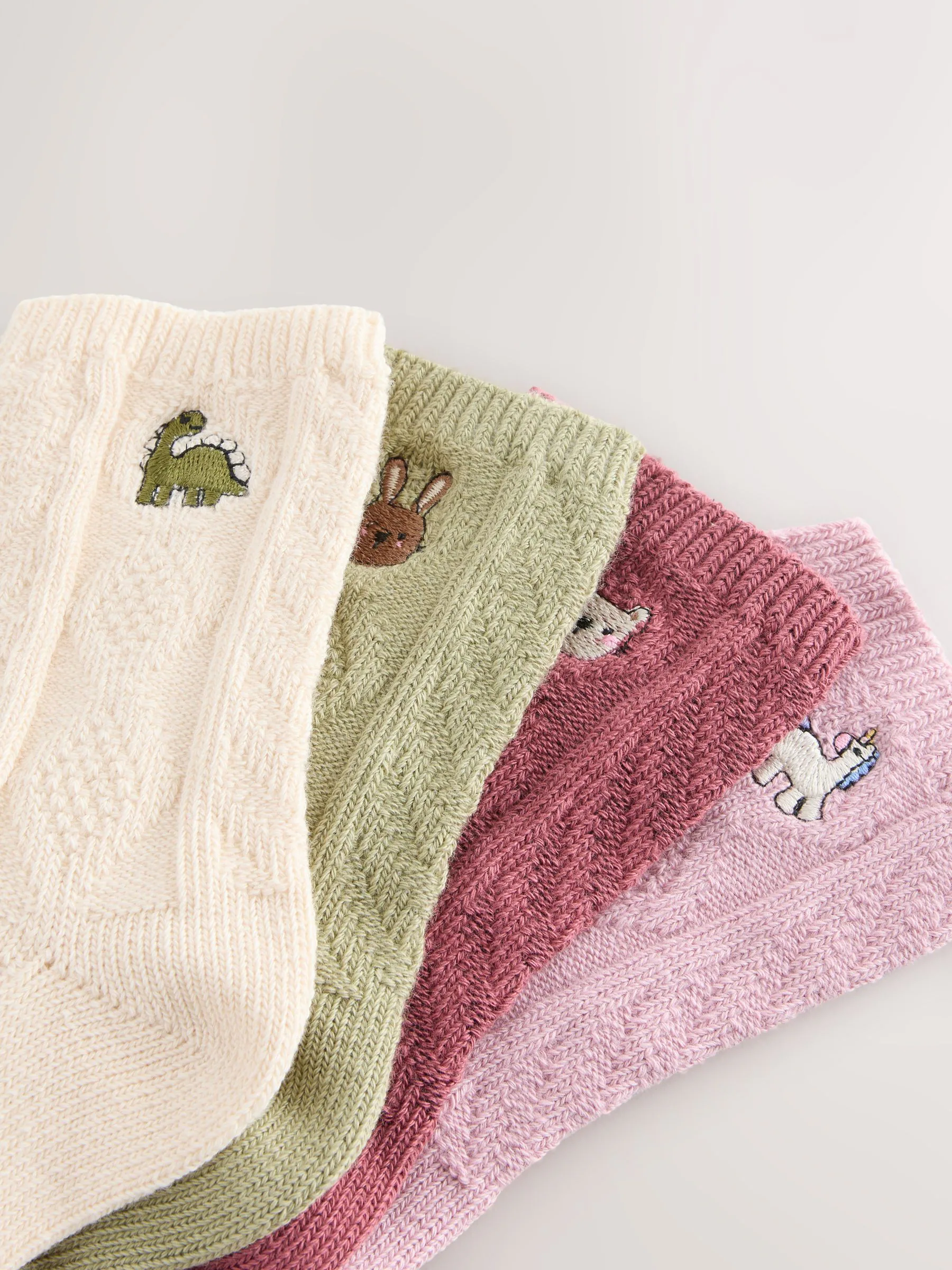 Pink, Green, Oatmeal and Plum Red - Cotton Rich Cable Embroidered Ankle Socks 4 Pack