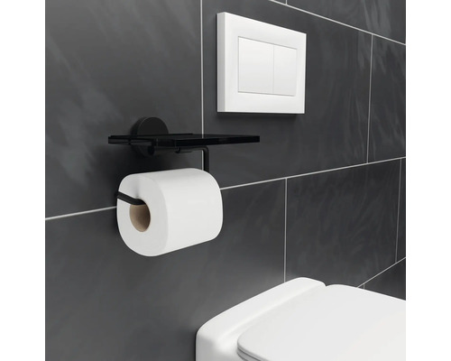 REIKA SAKU toiletrolhouder met plankje, matzwart met glanzende afwerking