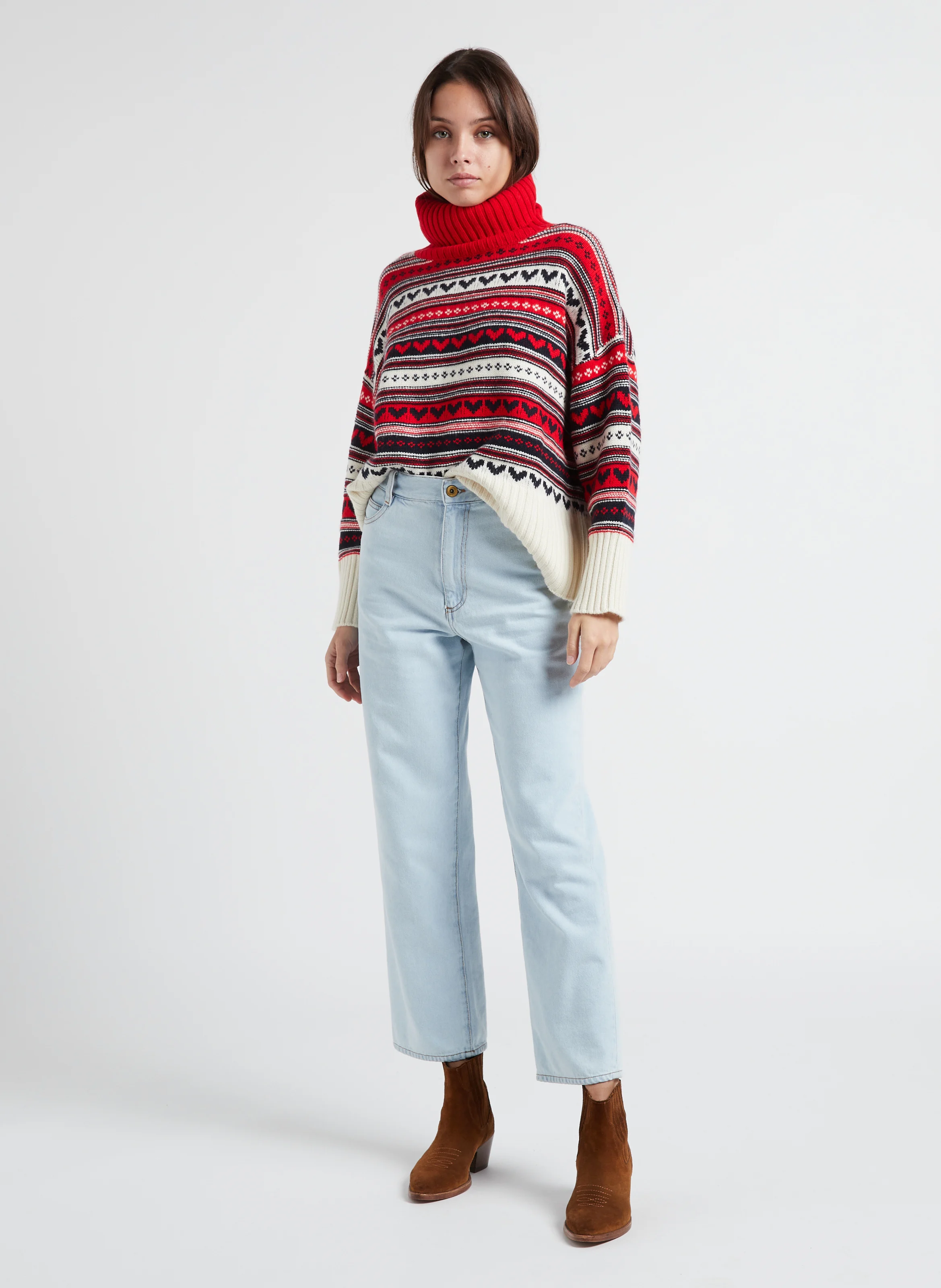 LOULOU - Pull col roulé imprimé en cachemire| Rouge