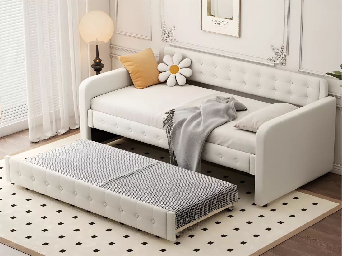 Lit gigogne 90x190/200cm en tissu de lin - avec sommier à lattes - Beige clair