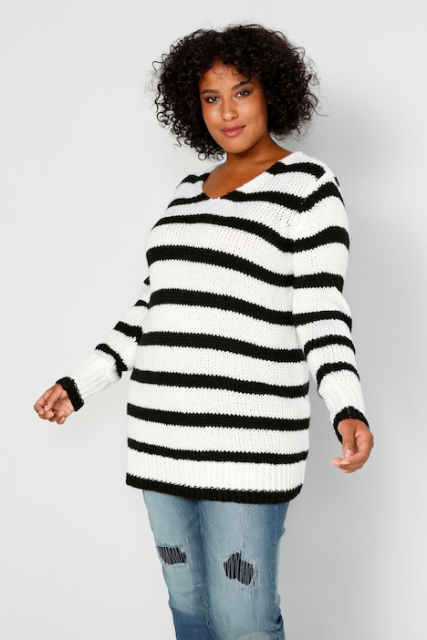 Pullover, oversized, Ringel, V-Ausschnitt, Langarm