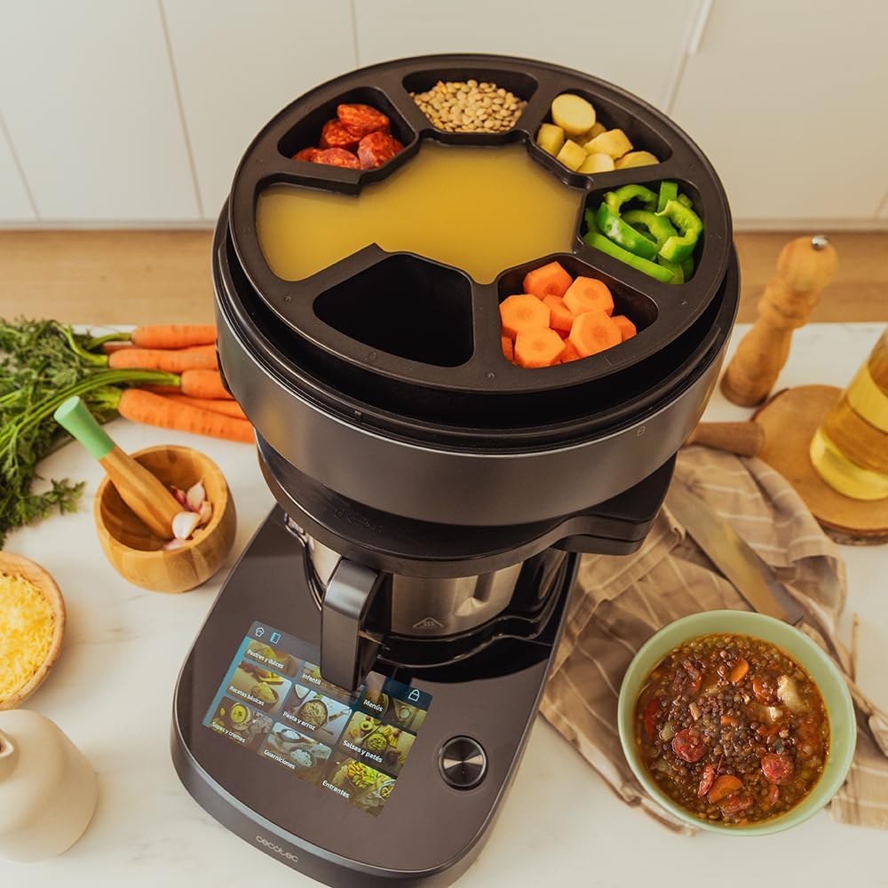 Cecotec Küchenroboter mit Lebensmittelspender Mambo CooKing Unique. 2200 W, 45 Funktionen, Tausende von geführten Rezepten, 5L Unique Krug, Zubehör: Dampfgarer oder Schöpflöffel für Eintöpfe
