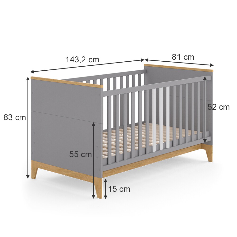 VitaliSpa Kinderbett Babybett Juniorbett Malia Grau Eiche modern 70x140 cm Kinderzimmer Bett Babyzimmerbett Kindermöbel Babymöbel Schlupfsprossen Lattenrost Rausfallschutz Einzelbett