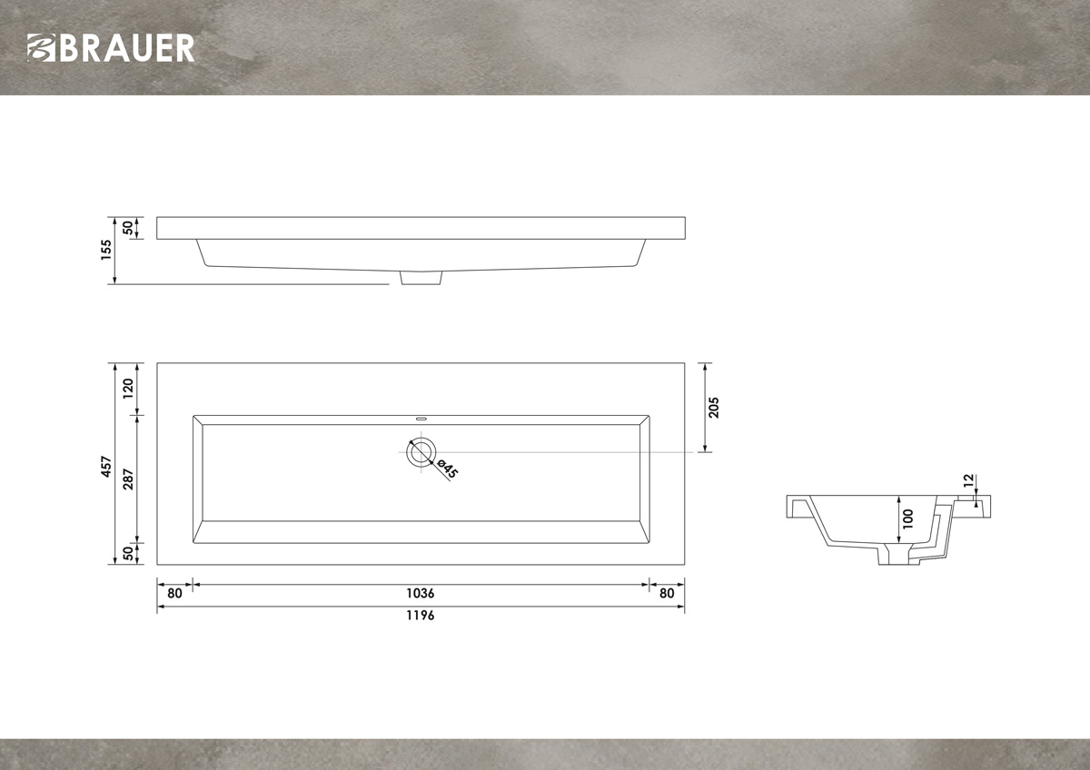 Brauer Solar Medium wastafel mineraalmarmer 120cm zonder kraangat wit glans