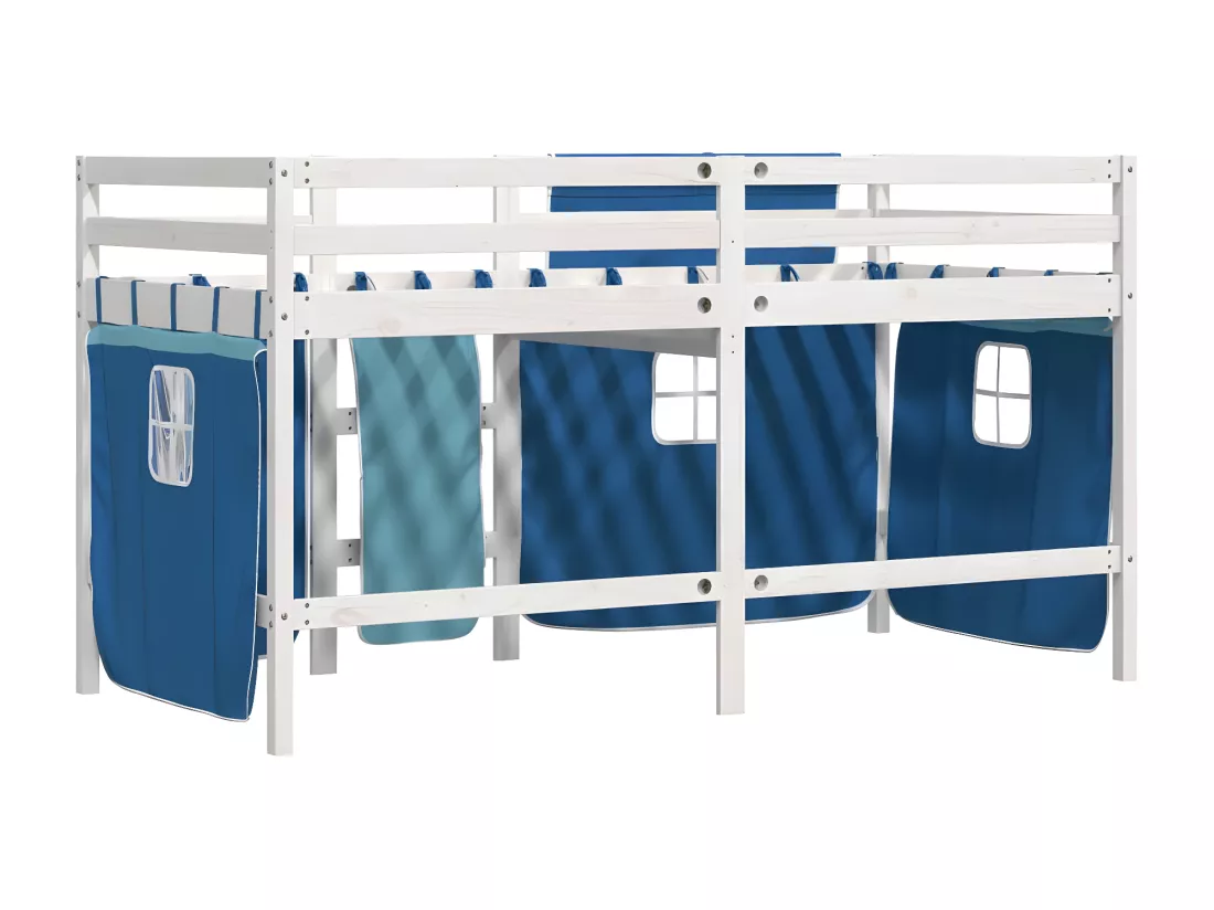 Lit mezzanine enfants et rideaux bleu 90x190cm bois pin massif