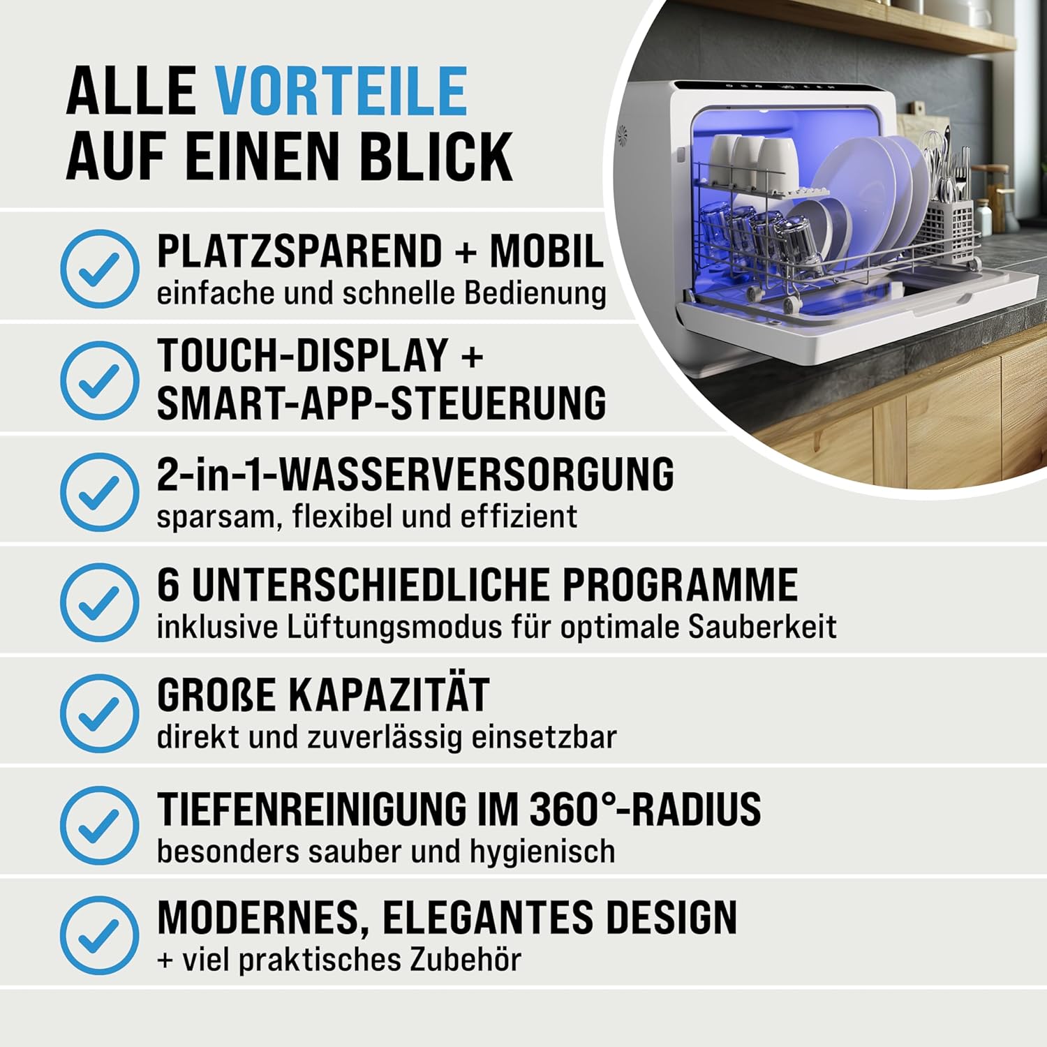 MONZANA® Tischspülmaschine ohne Wasseranschluss App Funktion sparsamer Verbrauch 4,5L 6 Programme 4 Gedecke 45cm Mini Geschirrspüler Spülmaschine Weiß
