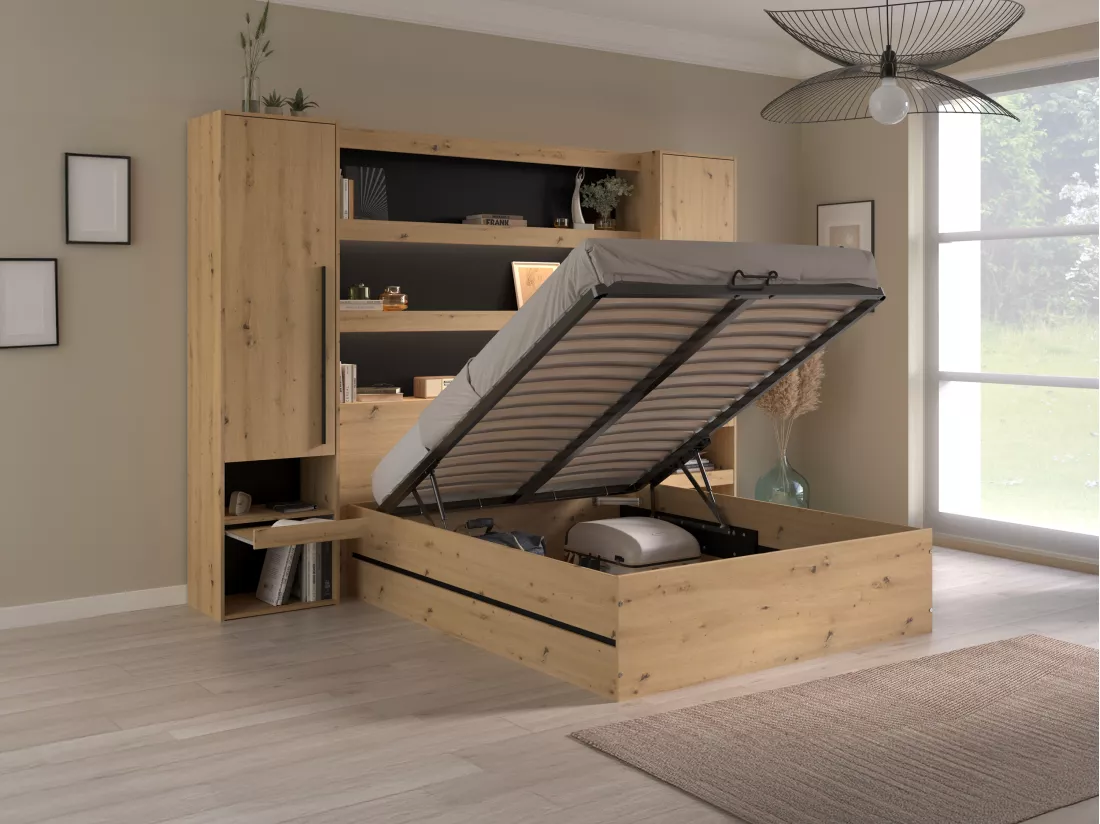 Lit coffre 140 x 190 cm LUDARO avec pont de lit VARLY - Coloris : Naturel et noir