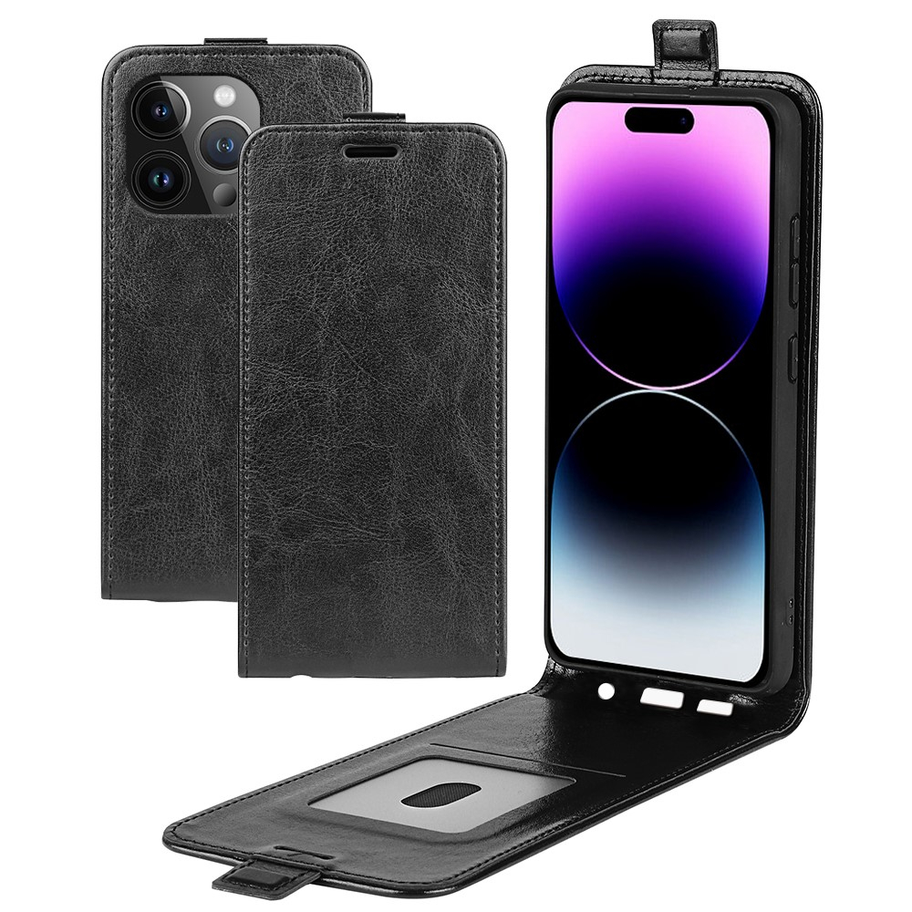iPhone 15 Pro Leder Tasche Flip Cover Vertikal im Retro Look mit Kartenfach - Schwarz
