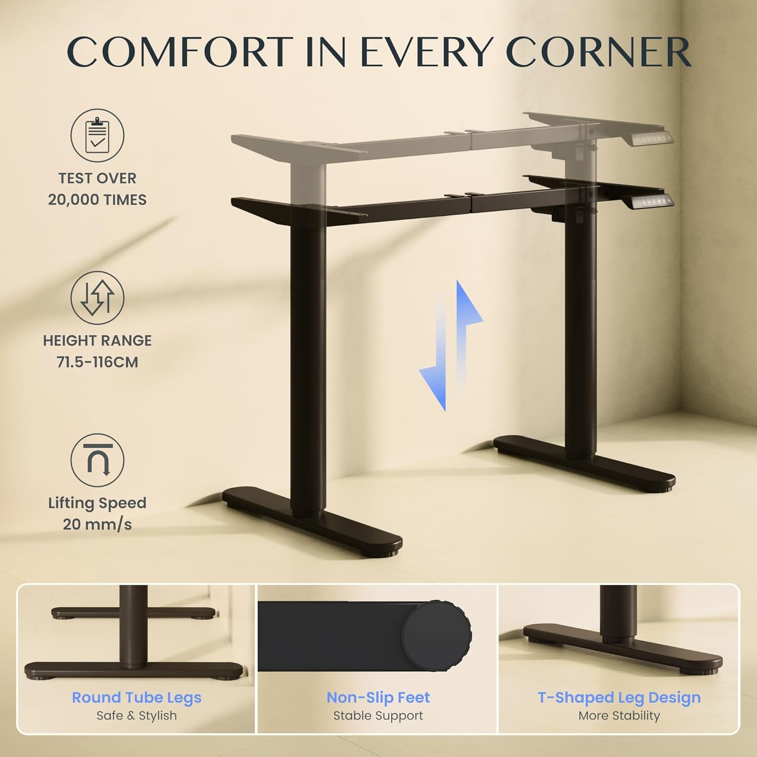 FLEXISPOT CylineX Höhenverstellbarer Schreibtisch – mit elegant abgerundeten Tischbeinen (runde Form), harmonisches Design, 71–118 cm Höhe, 80 kg Tragkraft, Anti-Kollisionsschutz(Noir)