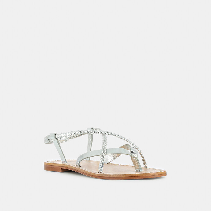 Sandales à brides tressées  en cuir metallisé argent