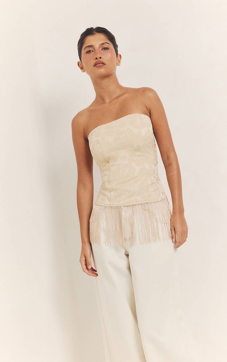 Crème Haut Bandeau Texturé À Ourlet À Franges Et Pompons