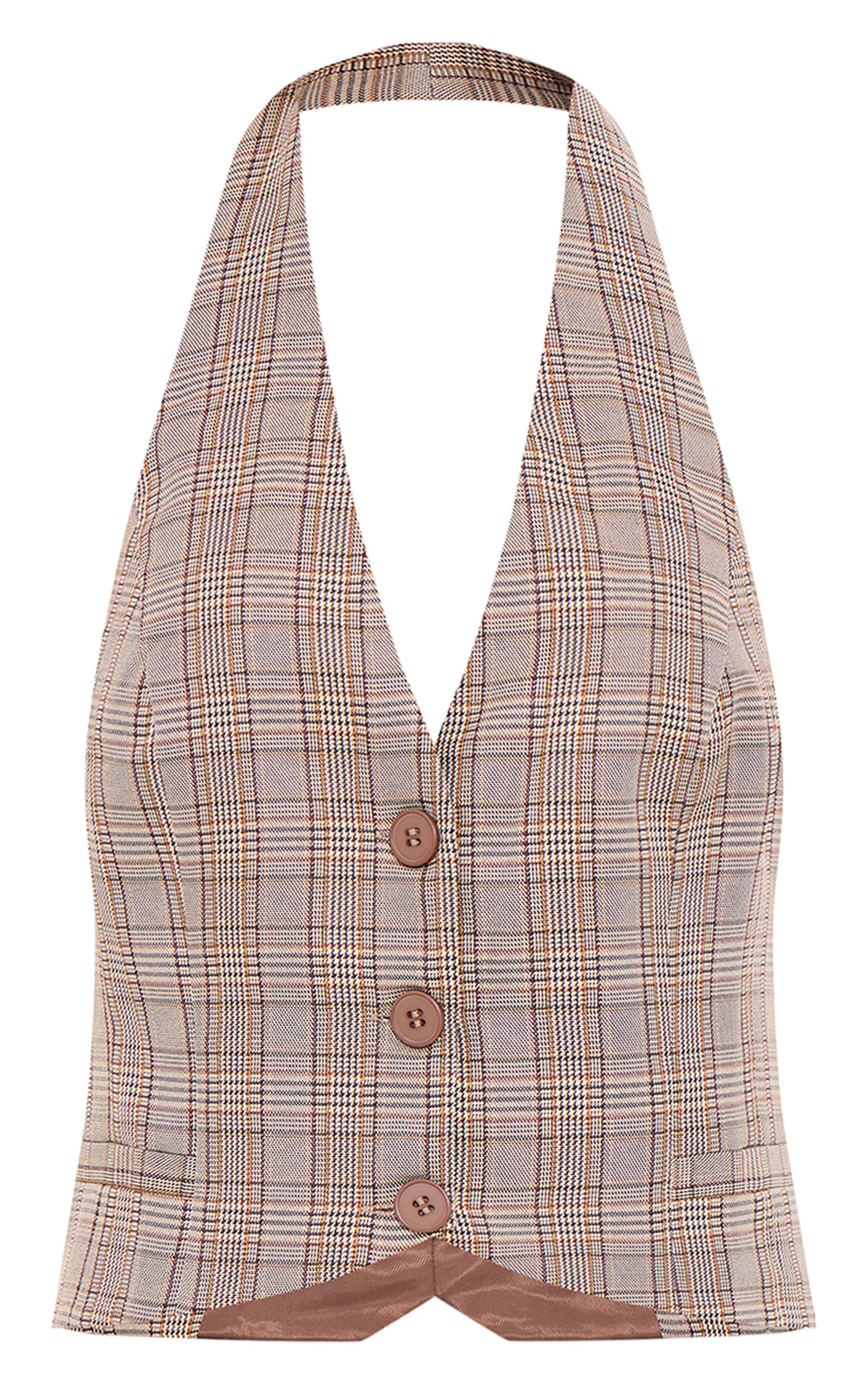 Marron Gilet Sans Manches À Carreaux Col Licou Ajusté