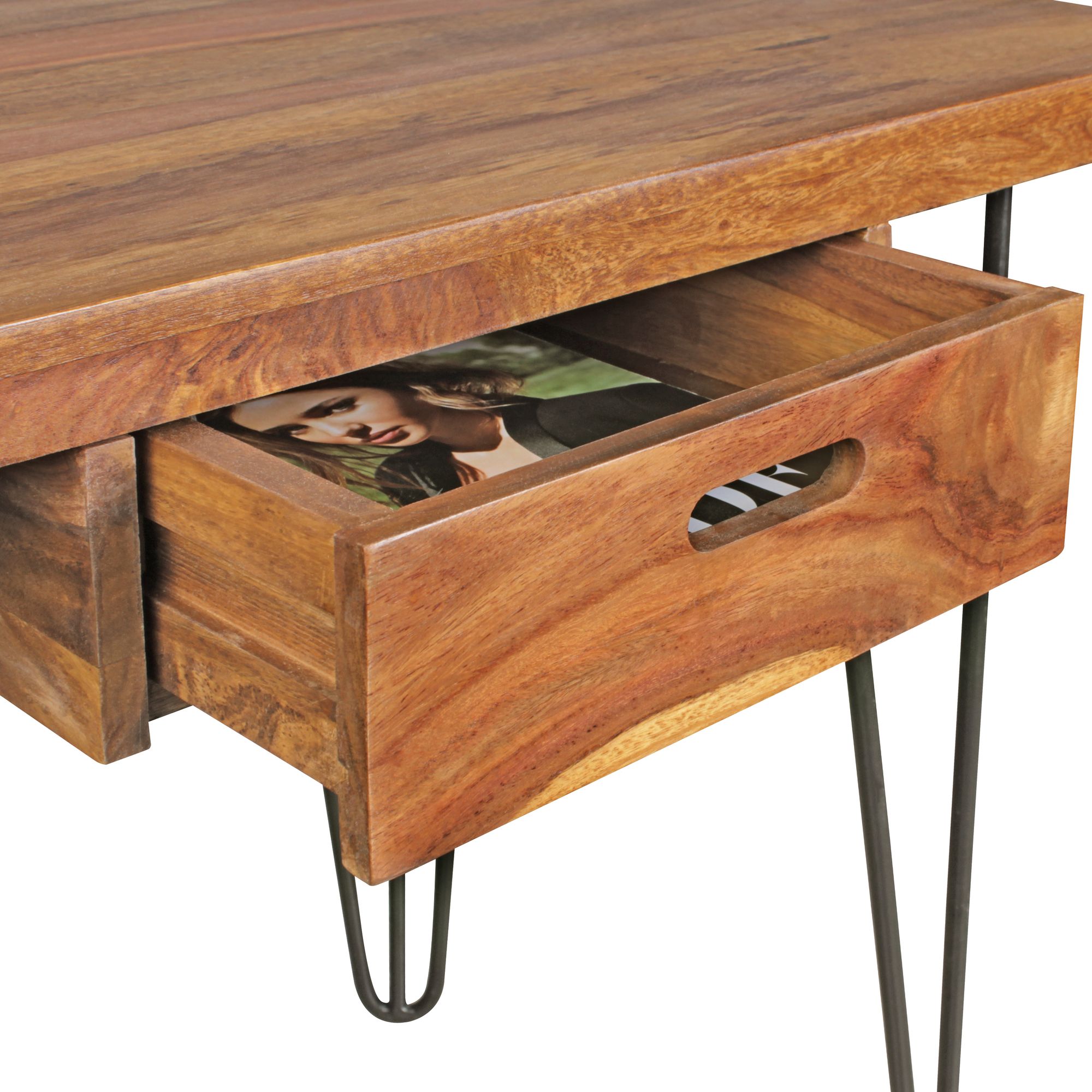 KADIMA DESIGN Retro-Schreibtisch BALU - Industrial Look, Schublade, Massives Sheeshamholz, Metallbeine, KADIMA DESIGN