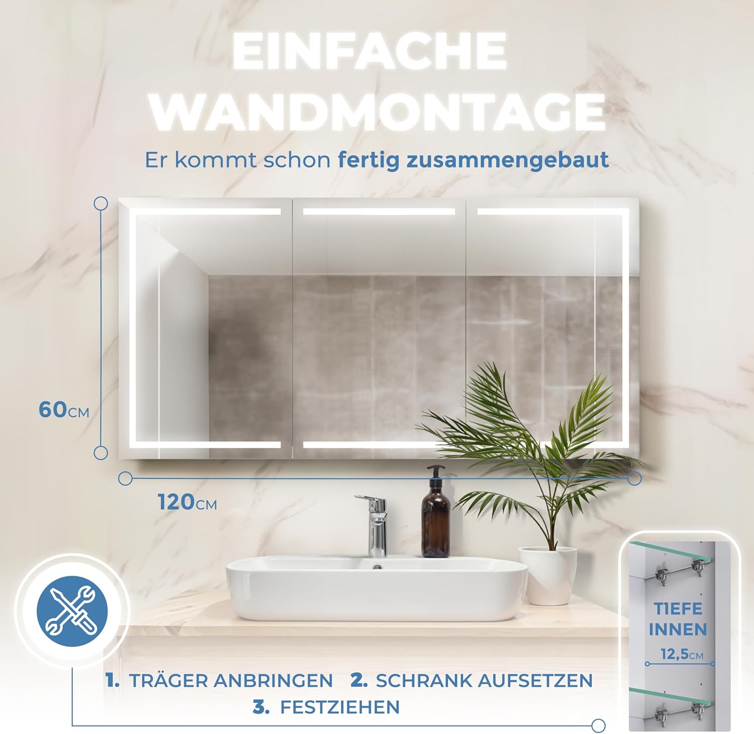 Premium Spiegelschrank-Bad-mit-Beleuchtung 120cm. Einfache Montage, in der EU gefertigt, gleichmäßige helle LED-Beleuchtung, Scharniere schwarz, Steckdose, Unterputz Montage möglich.