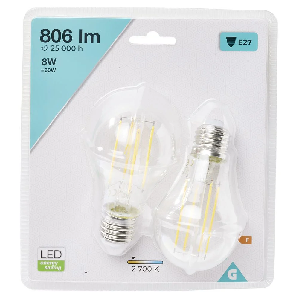 Ampoule LED filament E27 A60 Homday lumière chaude 806lms x2