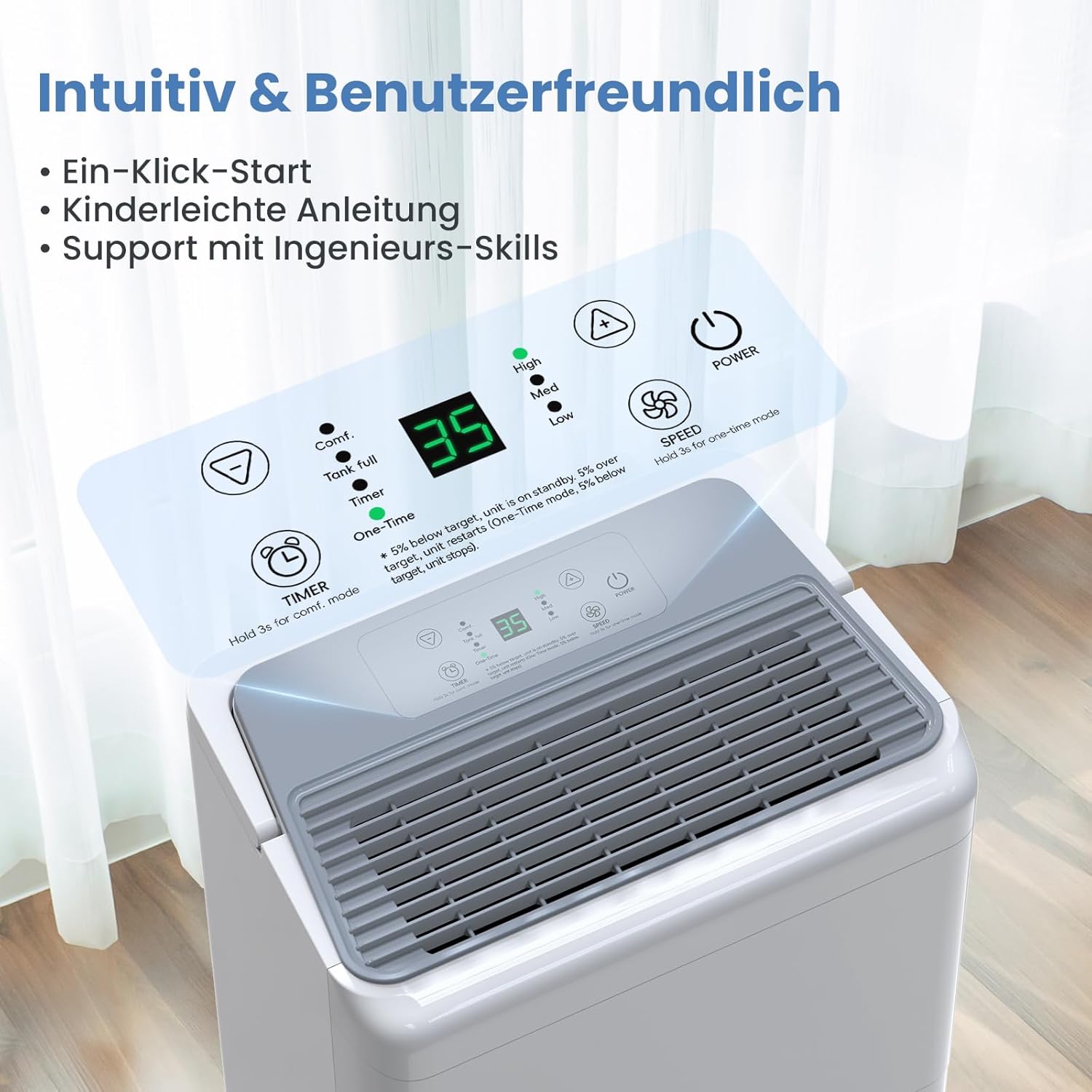 Newentor Luftentfeuchter Elektrisch 30L, Raumentfeuchter Elektrisch Leise 40dB, Entfeuchter Elektrisch Keller bis zu 245m³/90m², Mit 10 J. Gar., Ablaufschlauch, Abnehmbarem Filter, Timer