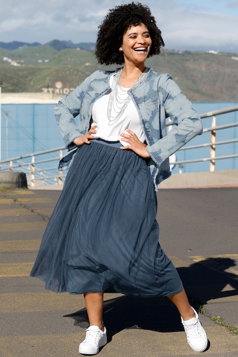 Jeansjacke, Alloverprint, Fransenkanten, Langarm