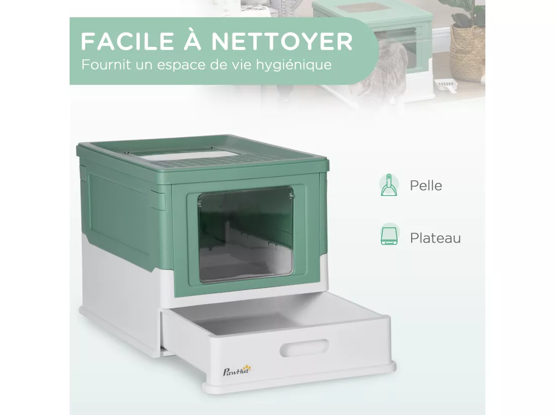 Maison de toilette pliable pour chat - tiroir à litière coulissant, porte battante et trappe transparente, pelle - blanc vert