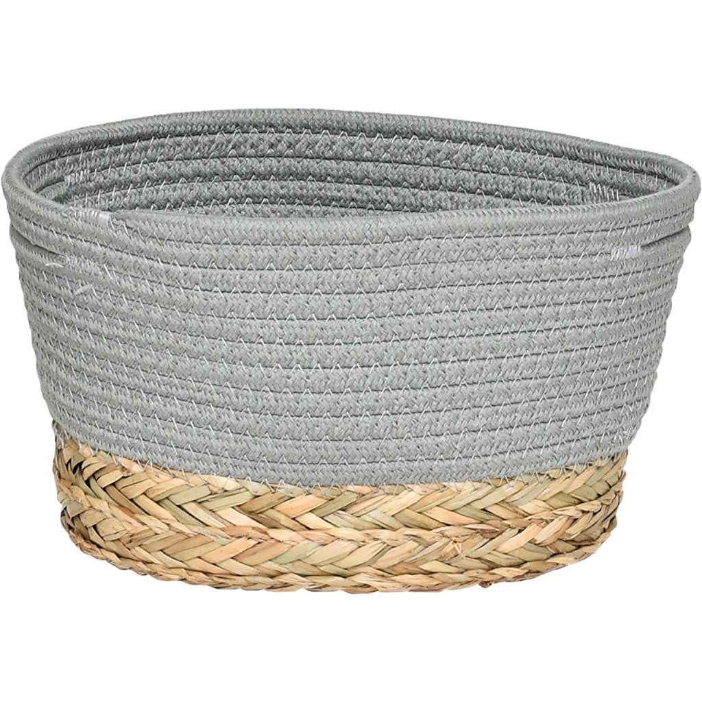 Panier ovale bi-matière roseau tressé et coton kaki 25x16x20cm