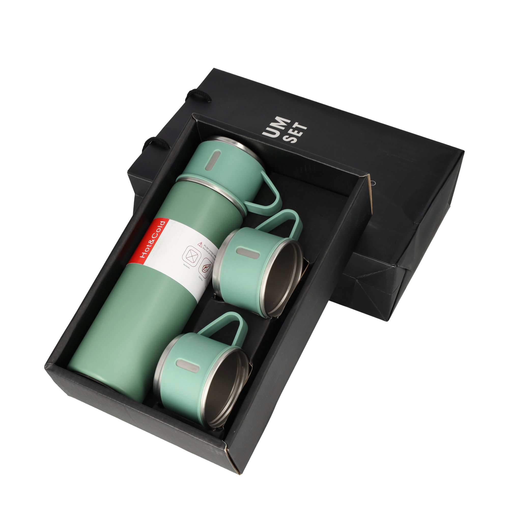 (4-tlg. Set) 500ml Edelstahl Thermo Trinkflasche Doppelwandige Camping Iso Kanne inkl. 3 Becher - Grün