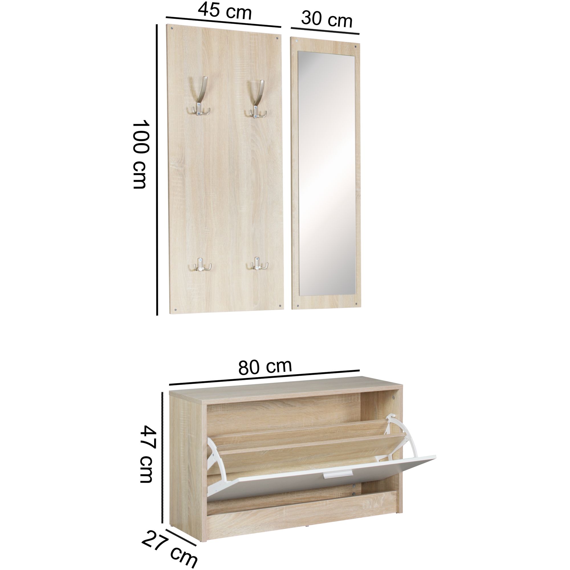 KADIMA DESIGN Wandgarderobe DELFT mit Spiegel: Weiß, Platz für 8 Paar Schuhe, 10 Metallhaken, Melaminharzbeschichtung