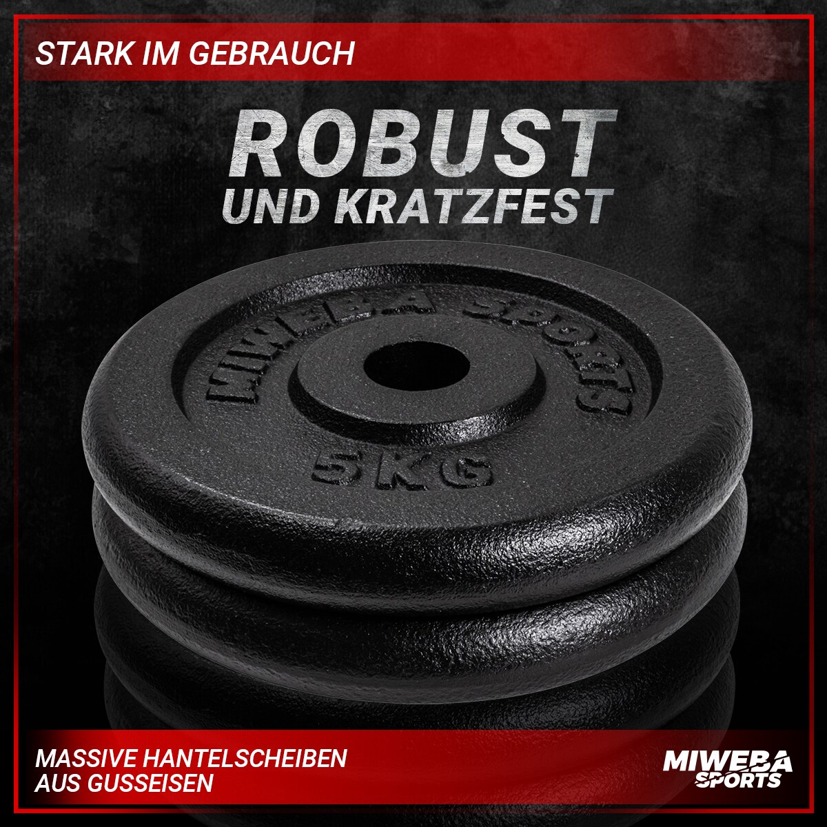 Miweba Sports Hantelscheiben HSG50, 2x 5 kg Hantel-Gewichte, passend für Ø 30mm, Set, Gusseisen