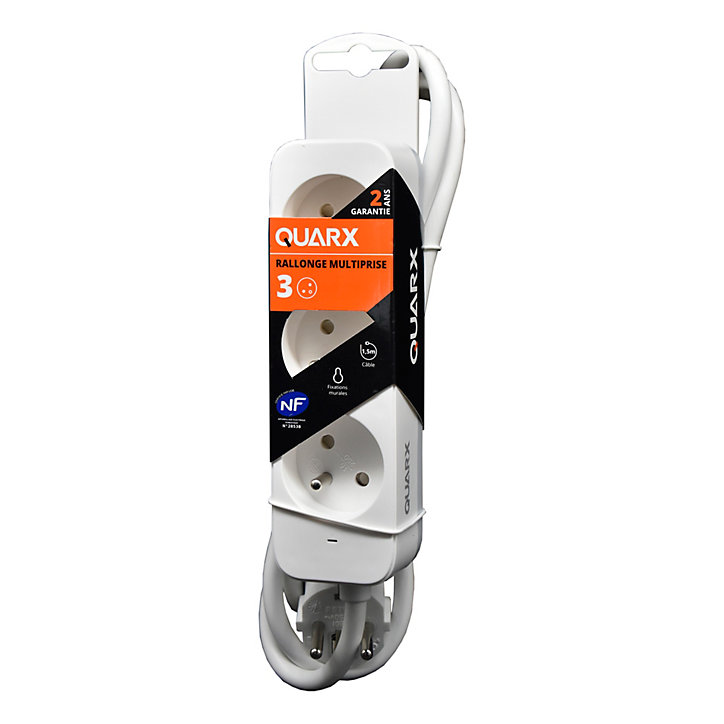 Multiprise 3 prises 2 pôles + terre Quarx blanc / gris 1.5 m
