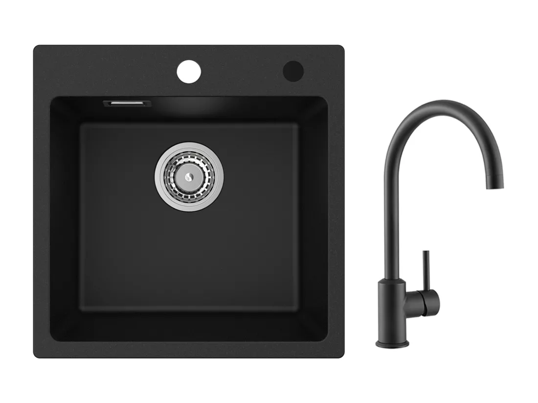 Cecipa MAX Evier 1 Bac en Quartz et Résine Noir 45x45cm Evier à Encastrer + Mitigeur de Cuisine en Inox Noir