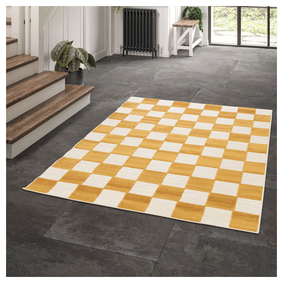Tapis intérieur et extérieur motif damier - marius - jaune moutarde - 123 x 170 cm