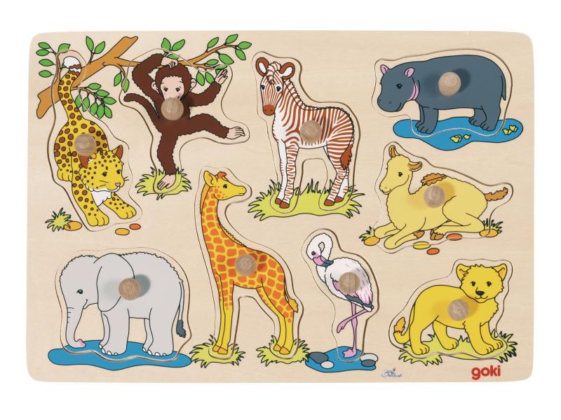 Goki Holzpuzzle Afrikanische Tierkinder Steckpuzzle mit Tiermotiven