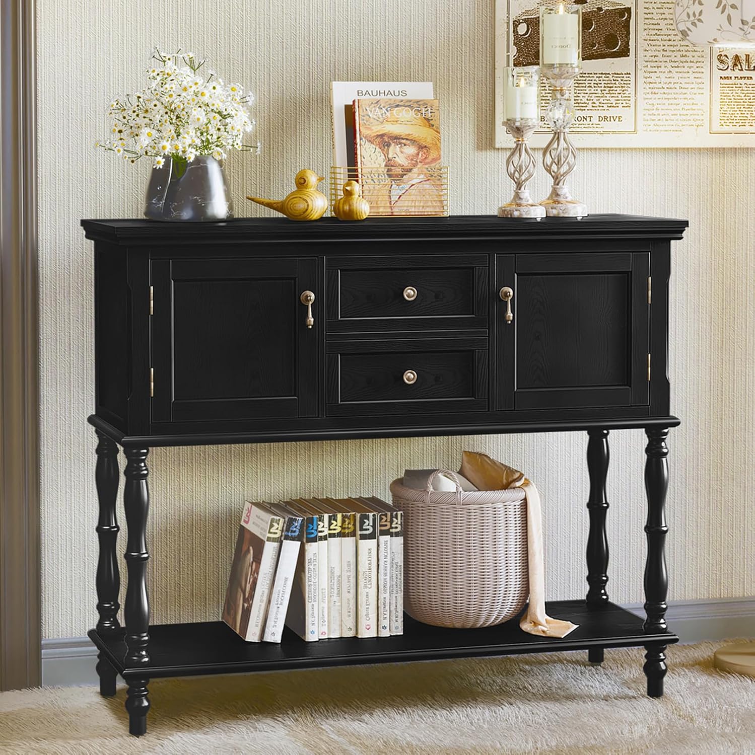 Konsolentisch mit Schubladen und Stauschrank, Holz Schwarz Konsolentisch Schmal mit Schublade Konsolentische fürs Wohnzimmer, Eingang, Hausflur, Schlafzimmer