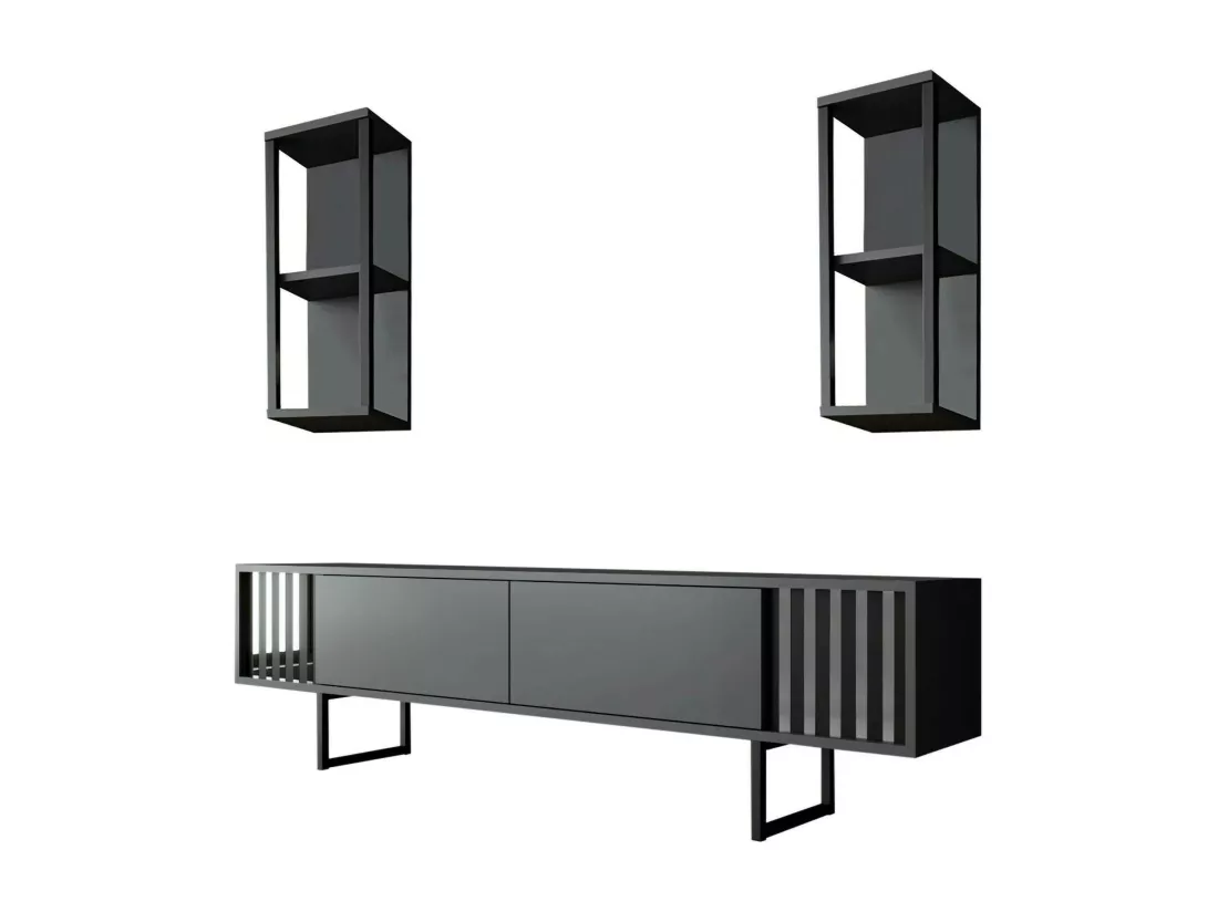 Meuble TV Ananke, Buffet de salon, Armoire basse pour TV, Base murale de rangement, 180x30h48 cm, Anthracite et Noir