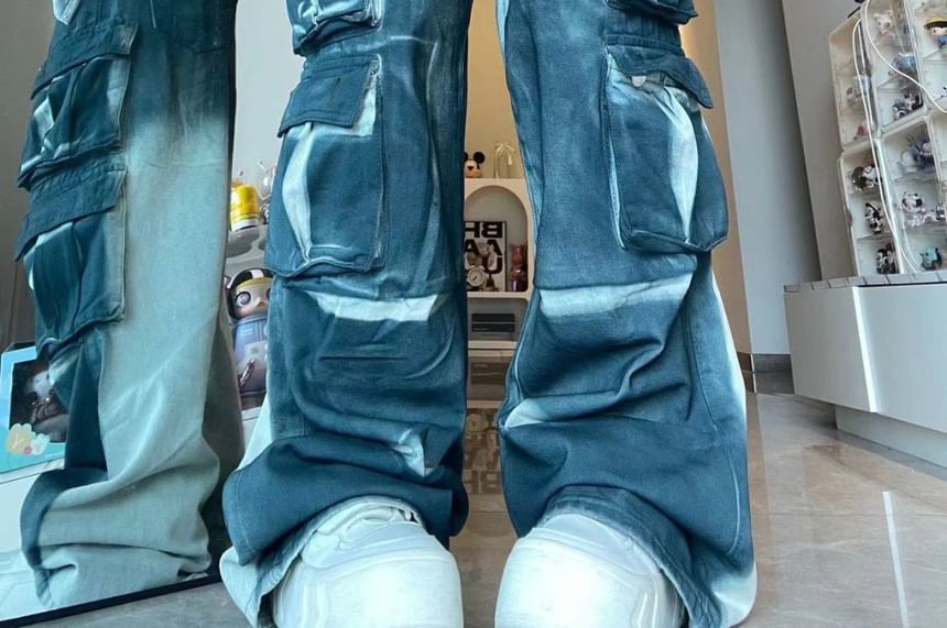 Coline - Lage taille tie-dye jeans met wijde pijpen en zakdetail