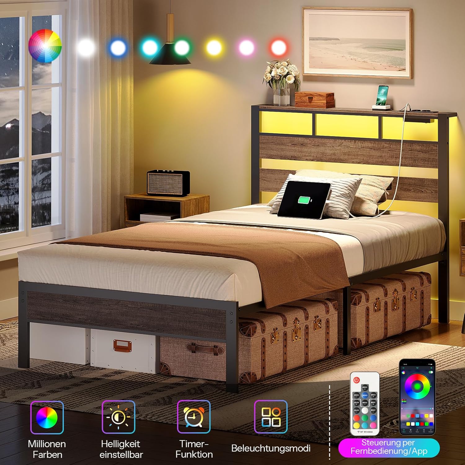 HOOBRO Bett 90 x 200 mit Lattenrost, Einzelbett mit Kopfteil, LED-Beleuchtung, Ladestation (2AC, 2USB-A), Bettgestell 90 x 200 cm, Metallbett für Schlafzimmer Gästezimmer, Anthrazit EBC77CDBF01 DR4563831