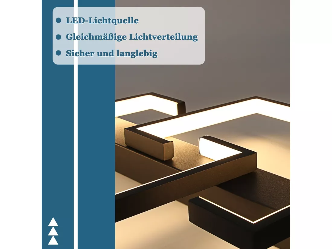 NETTLIFE Plafonnier LED Plafonnier Noir 19W 30CM Moderne Blanc Chaud 3000K Design Géométrique