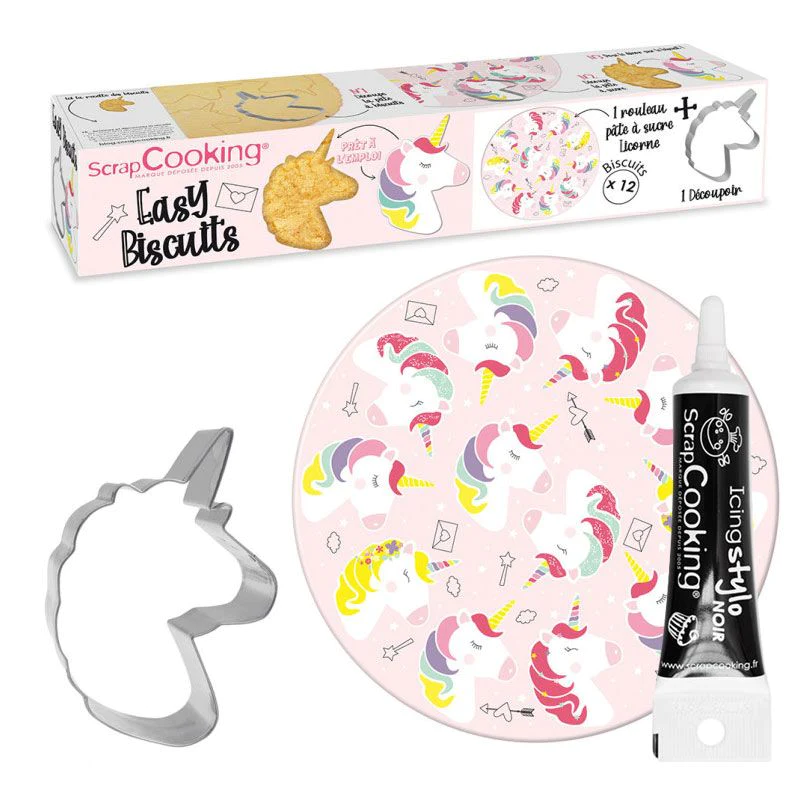 Kit décoration de biscuit Ø 29,5 cm Licorne + Stylo de glaçage noir Sc
