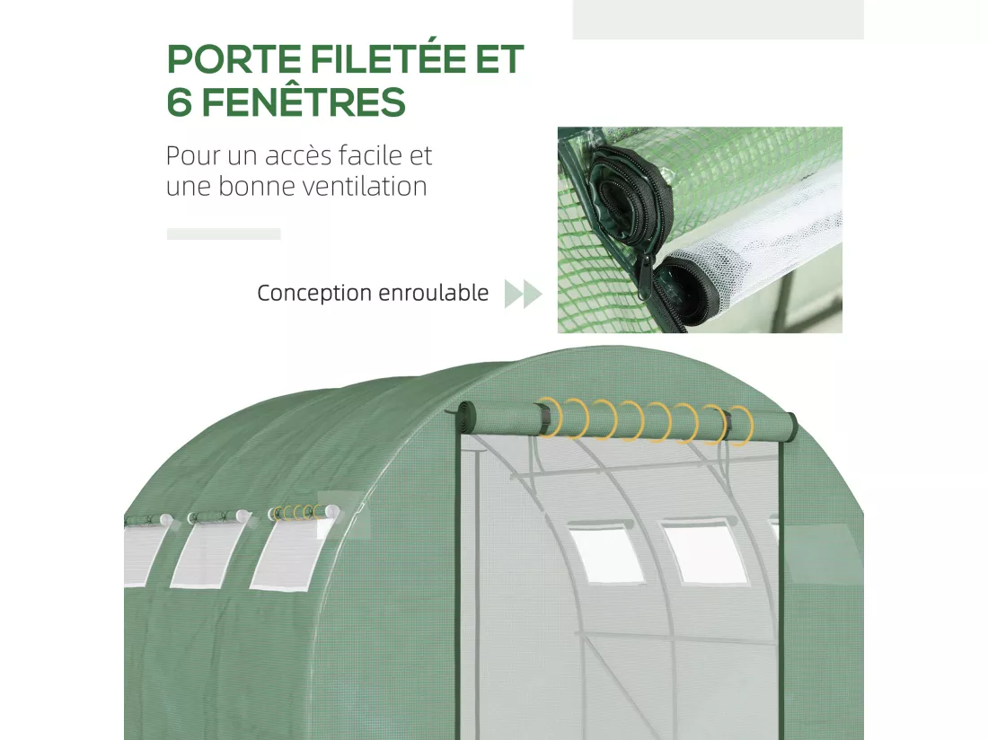 Serre tunnel de jardin grande taille dim. 3L x 2,95l x 1,97H m - 6 fenêtres, porte zippée enroulable - acier galvanisé PE haute densité vert