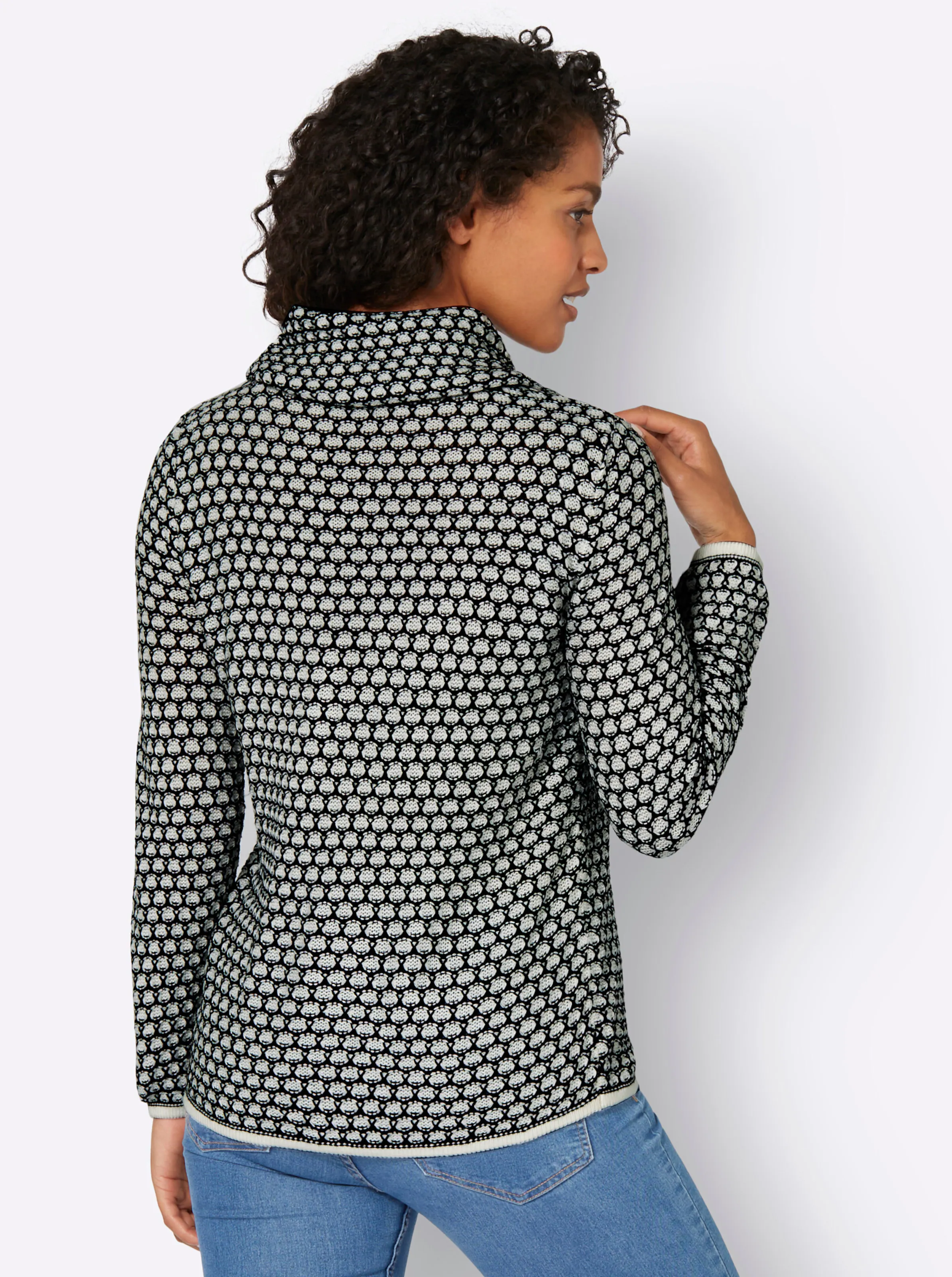 Rollkragen-Pullover in schwarz-ecru-gemustert