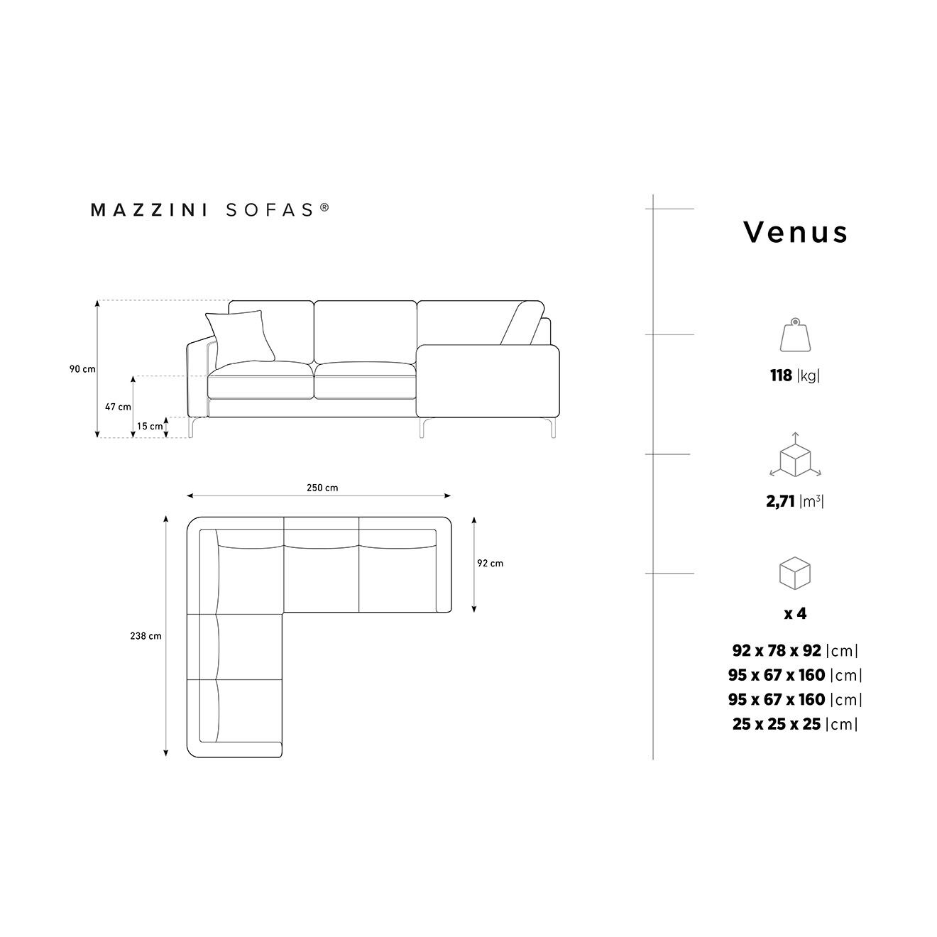 Mazzini Sofas Canapé d'angle Symétrique Venus 5 Places gris foncé - 250x238x90 cm