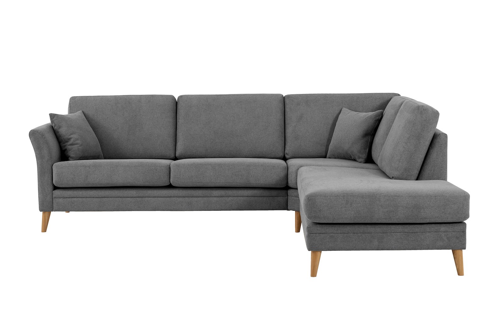 Eden hjørnesofa 2,5-seter med åpen ende høyre. Tekstil Brooklyn 3 Grey med ben i eik natur (15137).