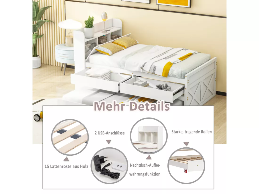 Lit gigogne 90x190cm, lit d'enfant avec tiroir extensible, sommier à lattes, tête de lit avec étagères de rangement et prise USB, blanc
