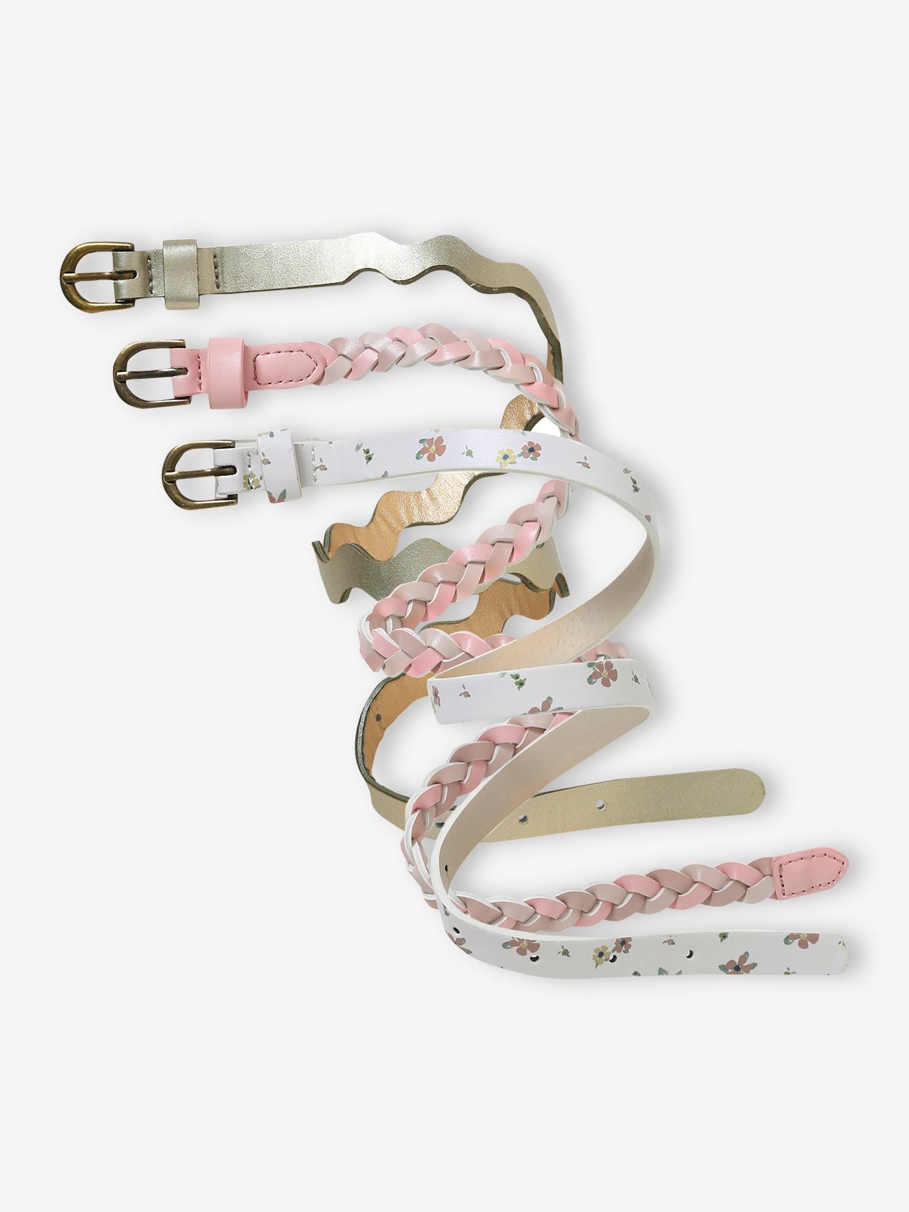 Conjunto com 3 cintos finos para meninas, cor rosa.